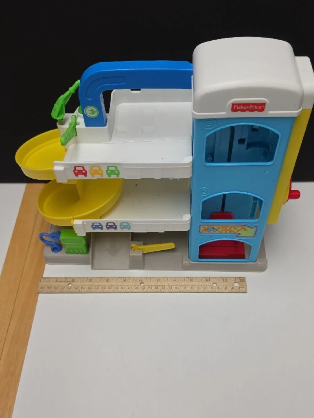 Fisher-Price Blue, Yellow & White Spiral Car Garage Playset